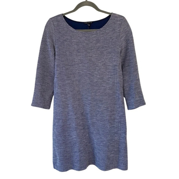 Theory, Mimi H Plentiful ¾ Sleeve Shift Dress, Navy Blue, White - Picture 2 of 10